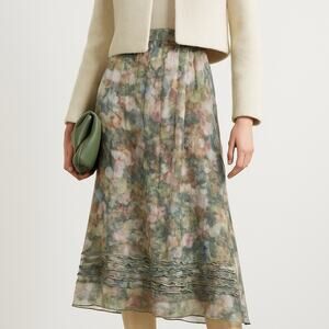 100% Silk Luxury Floral Ruffle Hem Pleated Midi Art Skirt High-End Craftsmanship